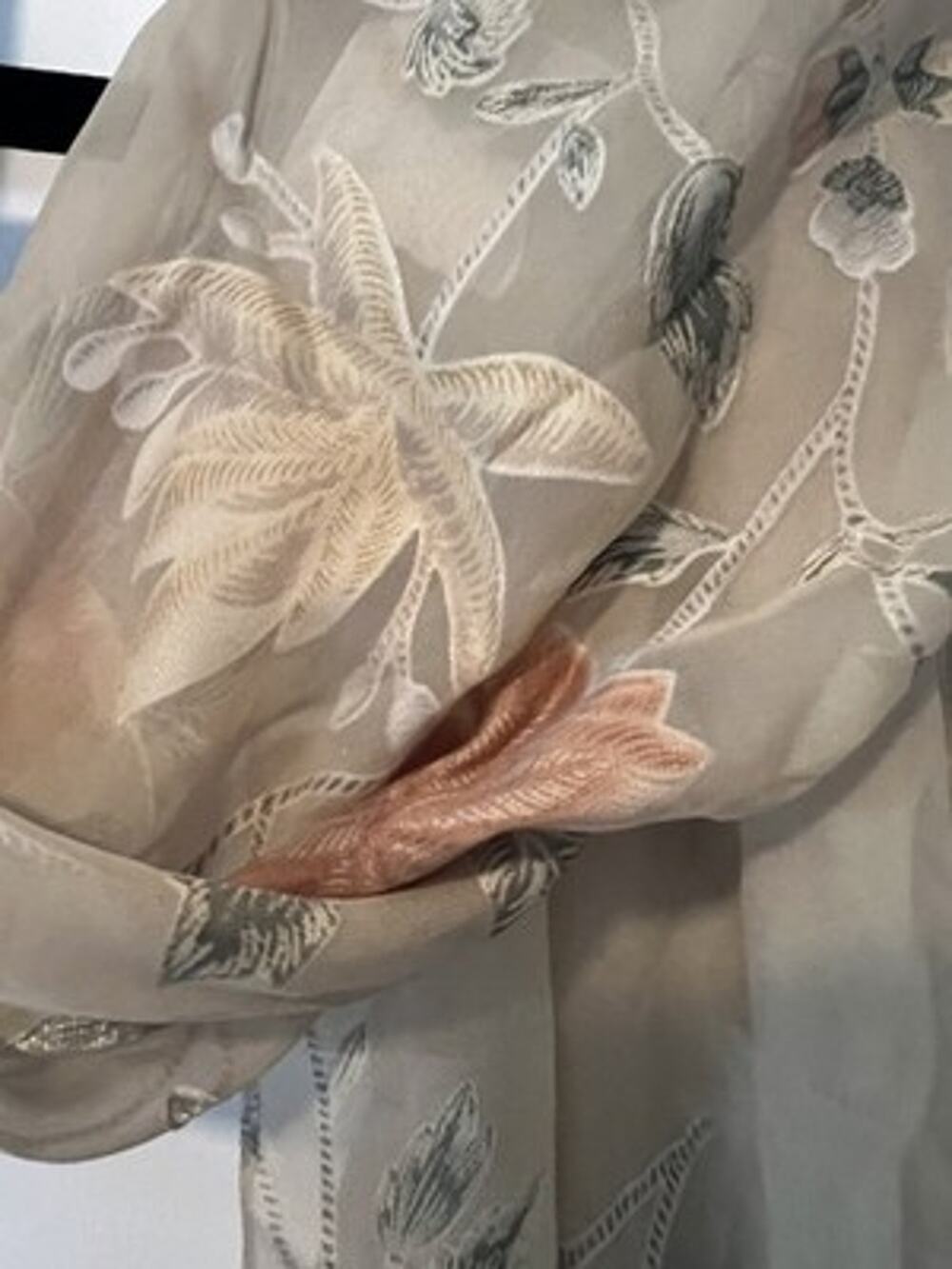 Silk Scarf Shawl Wrap Long Floral & Leaf w/ Satin Accents Vintage